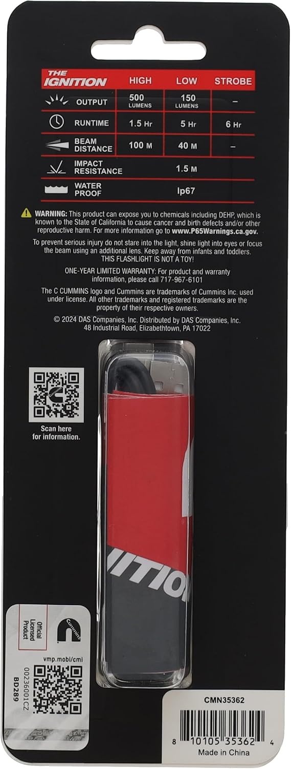 Cummins CMN35362 Pro Series Ignition Rechargeable Flashlight 500 Lumen LED Multiple Light Modes Pocket Pen Clip Flashlight